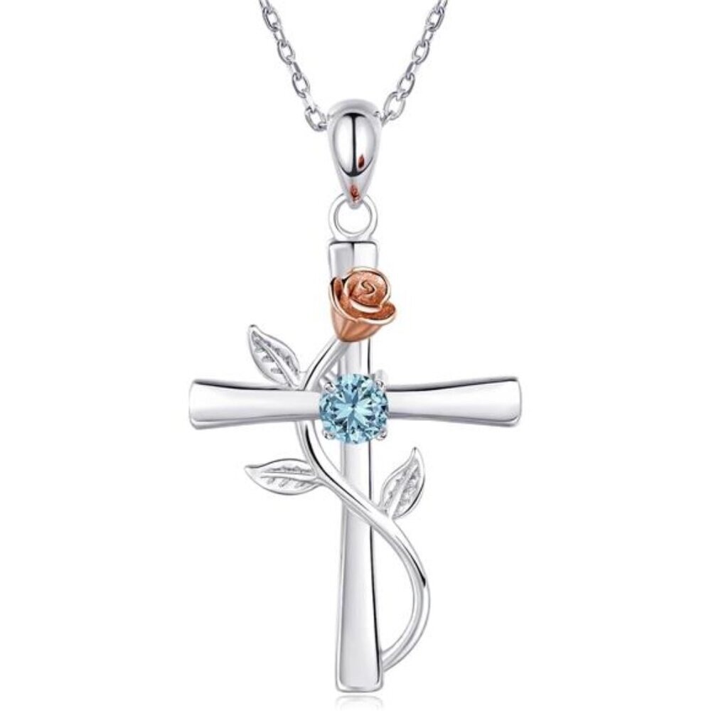 Sterling silver cross necklace for women birthstone rose flower pendant jewelry